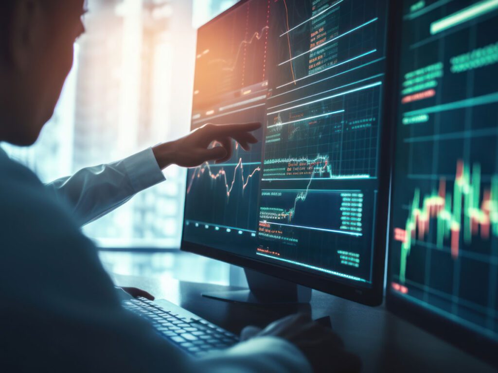 business person pointing at digital charts on a computer